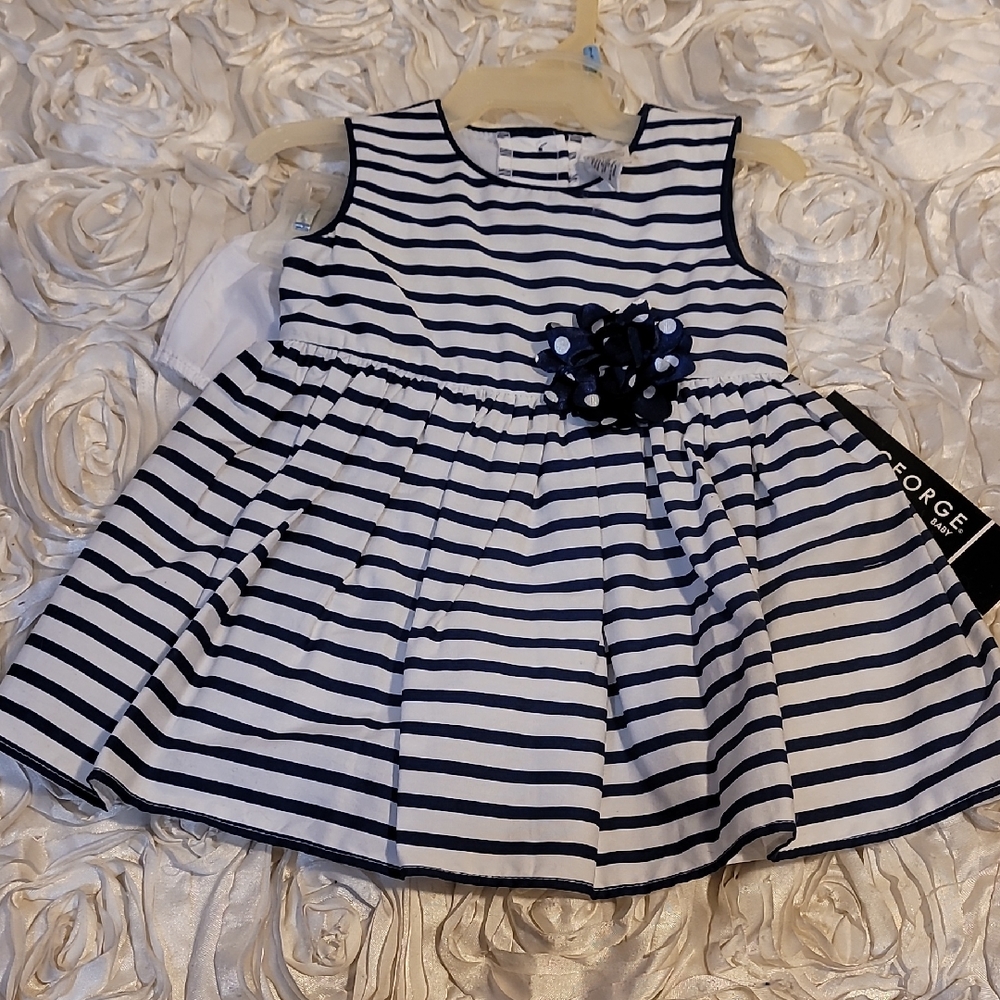 Toddler Dress Navy & White Stripes Floral Accent W/Bloomers Sz 3-6 Months.